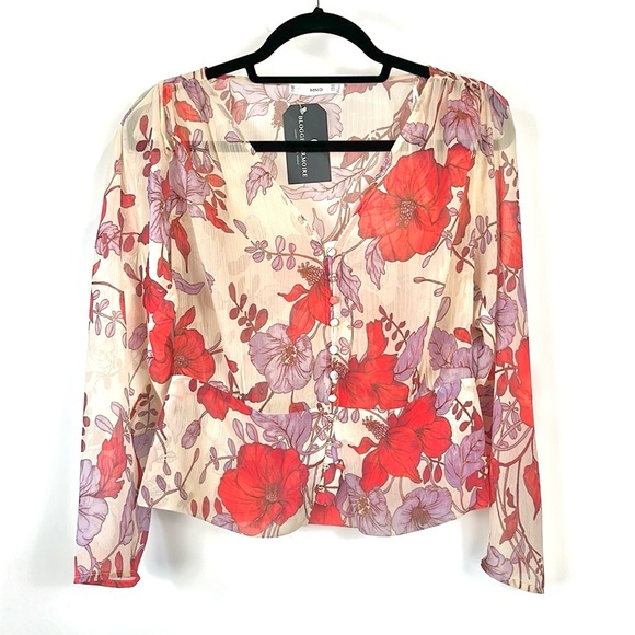 Mango Pink Floral Print Buttoned V-Neck Blouse - Picture 2 of 8